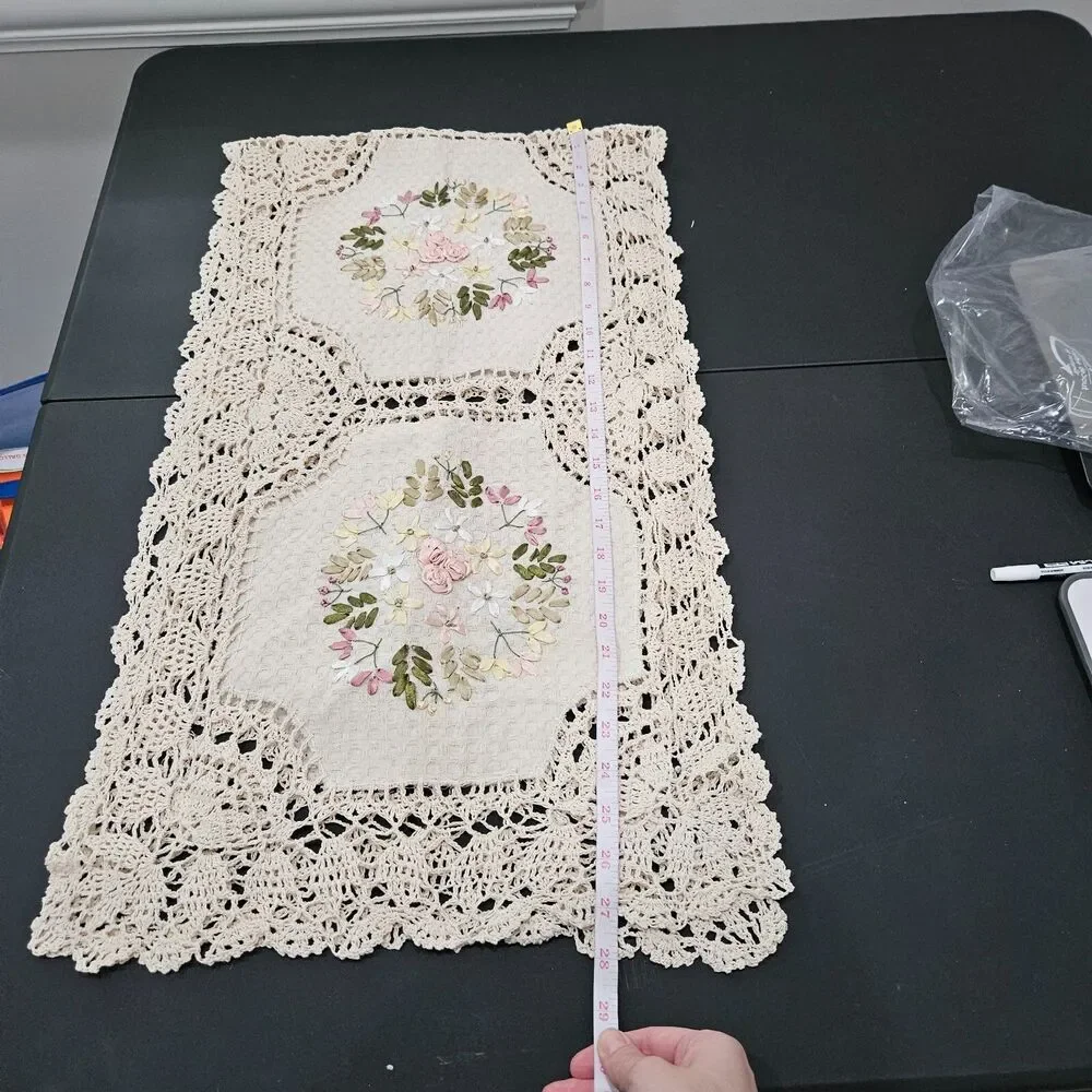 Crochet Floral Table Runner Embroidered Kitchen Home Dining Neutral Cottagecore
